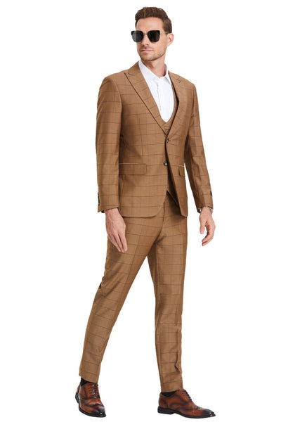 Men's Two Button Vested Peak Lapel Sharkskin Suit in Camel Windowpane Plaid