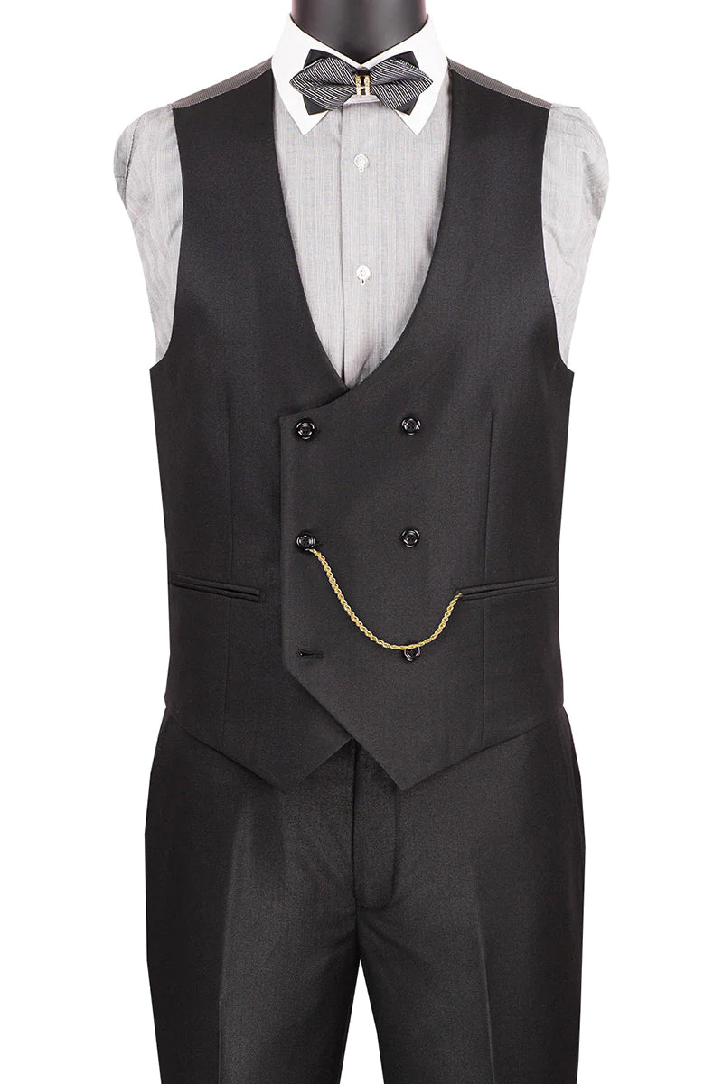 Men's Modern Fit Tuxedo Suit with Double Breasted Vest and Satin Trim in Black