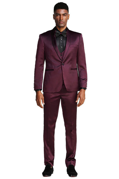 Men's Slim Fit Vested Shiny Satin Prom & Wedding Tuxedo Suit in Burgundy