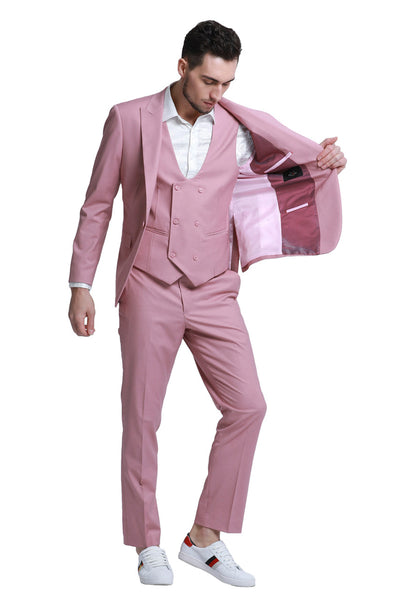 Men's Slim Fit One Button Peak Lapel Low Cut Double Breasted Vest Wedding Suit in Mauve Pink