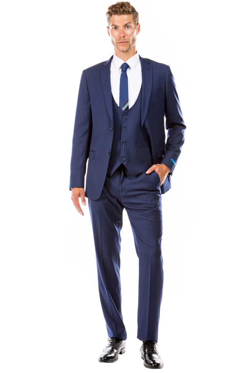 Men's Two Button Vested Hybrid Fit Micro Mini Pinstripe Business Suit in Navy Blue