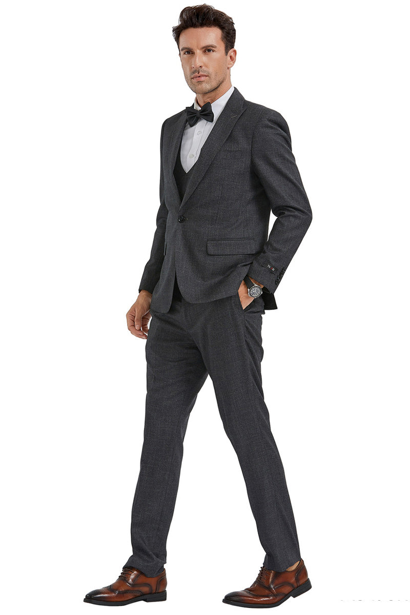 Men's Slim Fit One Button Peak Lapel Suit with Double Breasted Vest in Charcoal Sharkskin