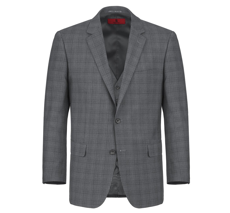 Mens Two Button Classic Fit Vested Suit in Charcoal Grey Windowpane Plaid