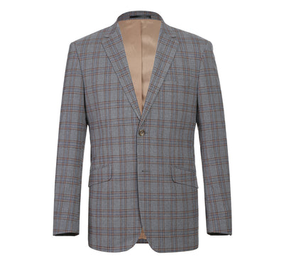 Mens Two Button Slim Fit Two Piece Suit in Grey & Bronze Windowpane Plaid