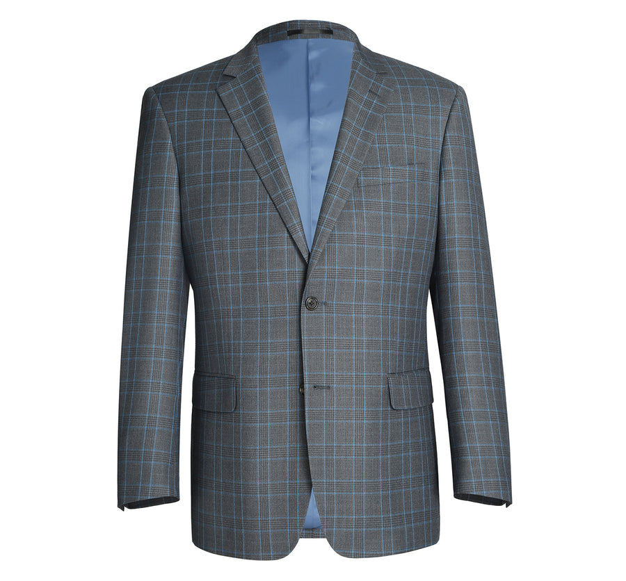 Mens Two Button Classic Fit Two Piece Suit in Grey & Blue Windowpane Plaid