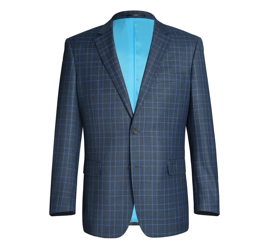 Mens Two Button Classic Fit Two Piece Suit in Blue Windowpane Plaid Check