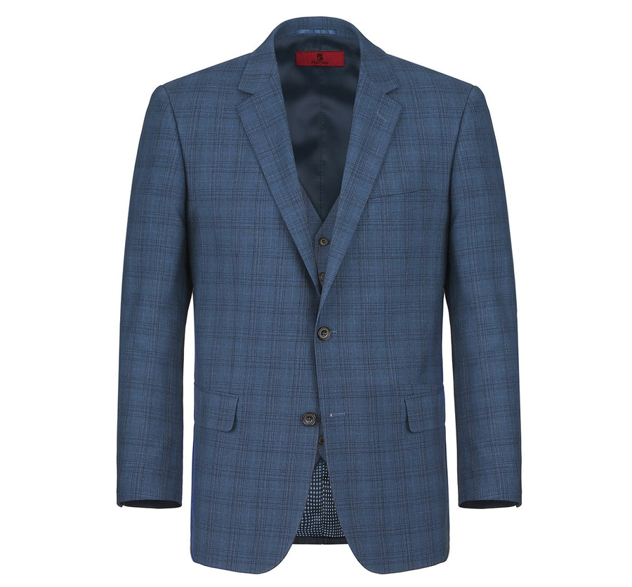 Mens Two Button Classic Fit Vested Suit in Navy Blue Windowpane Plaid