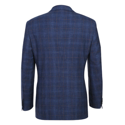 Mens Classic Fit Two Button Wool & Linen Sport Coat Blazer in Blue Windowpane Plaid