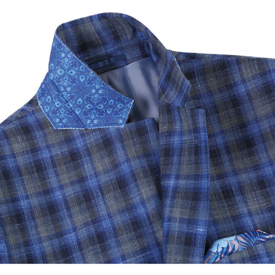 Mens Slim Fit Two Button Wool Sport Coat Blazer in Navy Blue & Grey Windowpane Plaid