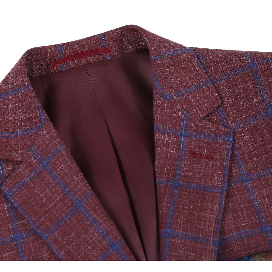 Mens Slim Fit Two Button Wool Sport Coat Blazer in Burgundy & Blue Windowpane Plaid