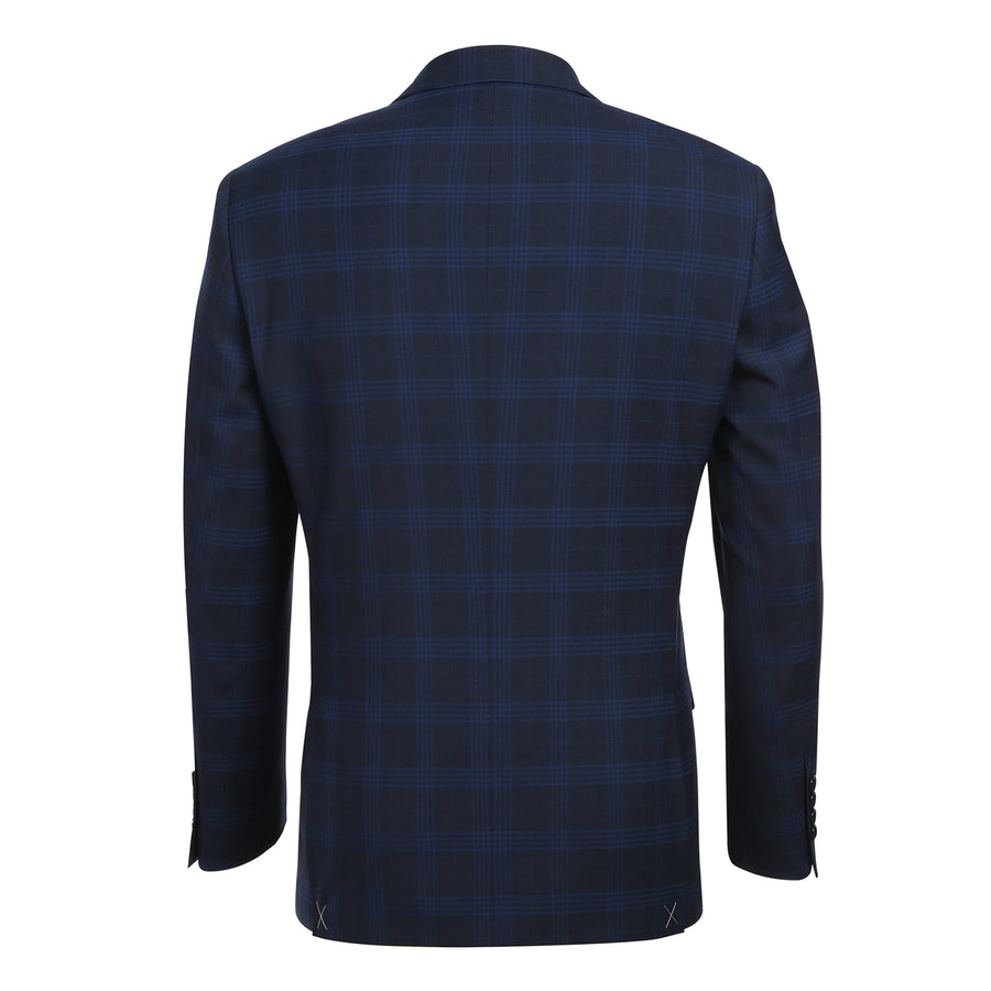 Mens Slim Fit Two Button Stretch Suit in Dark Navy Windowpane Plaid