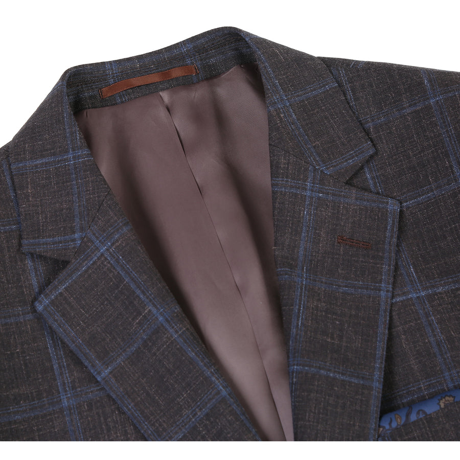 Mens Classic Fit Two Button Wool & Linen Sport Coat Blazer in Brown Windowpane Plaid