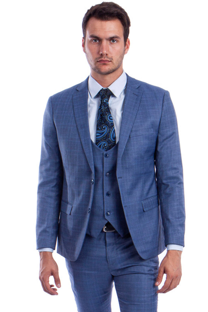 Men's Two Button Vested Skinny Fit Suit with Low Cut Vest in Blue Plai ...