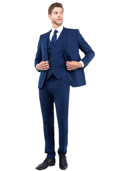 Men's One Button Vested Slim Fit Business & Wedding Suit in Navy Blue