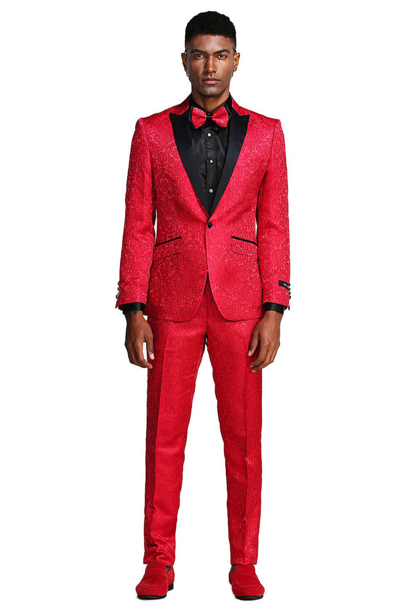 Men's One Button Slim Fit Paisley Wedding & Prom Tuxedo in Red