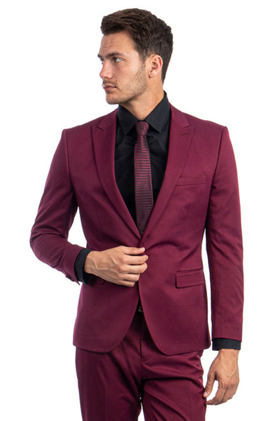 Men's One Button Peak Lapel Basic Slim Fit Suit in Burgundy