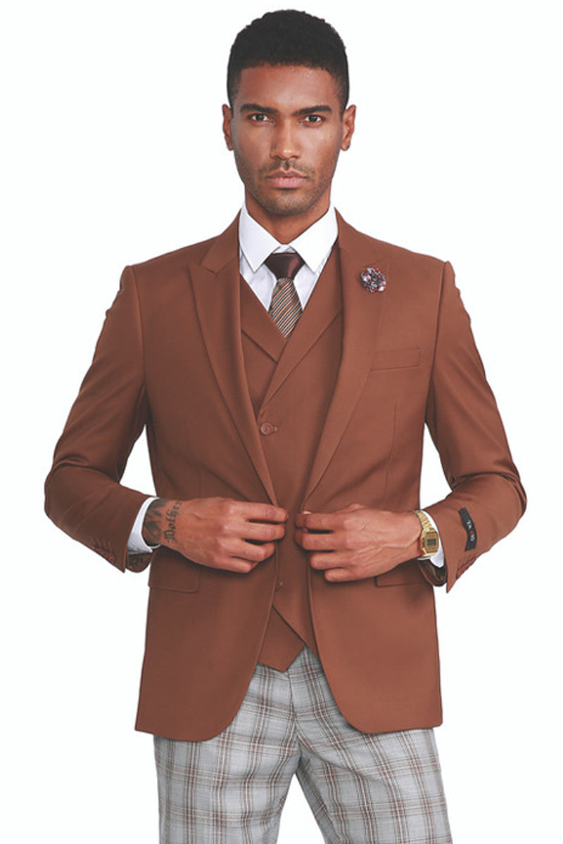 Men's One Button Vested Peak Lapel Suit in Dark Camel Cognac with Grey & Cognac Plaid Pants