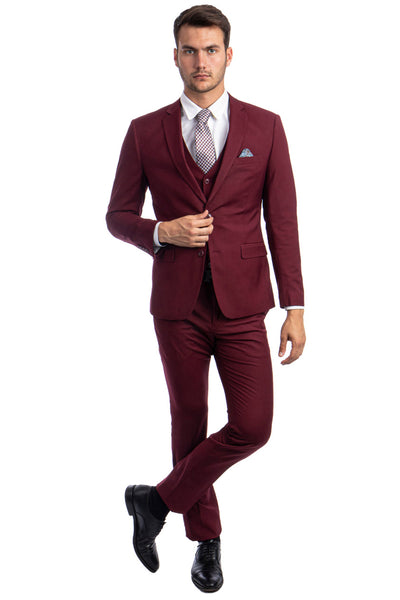 Men's Two Button Slim Fit Vested Solid Basic Color Suit in Burgundy