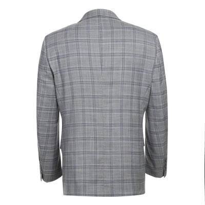 Mens Classic Fit Two Button Suit in Light Grey and Navy Blue Windowpane Plaid