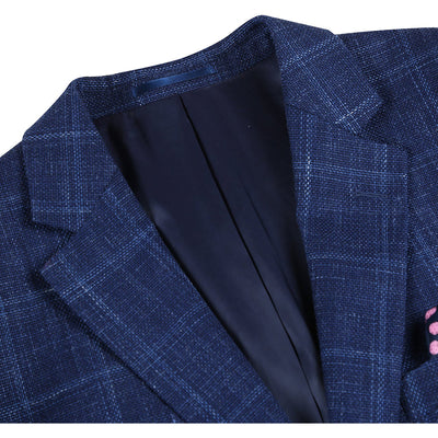 Mens Two Button Classic Fit Wool Sport Coat Blazer in Navy Blue Windowpane Plaid