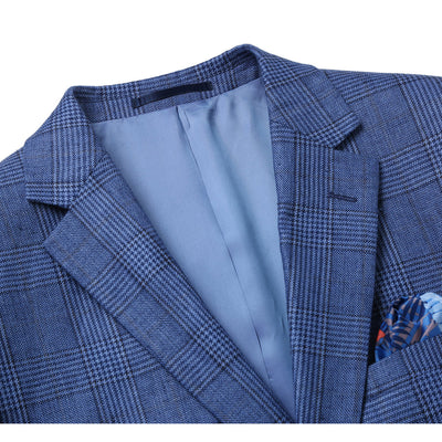 Mens Slim Fit Two Button Summer Linen Sport Coat Blazer in Navy Blue Windowpane Plaid
