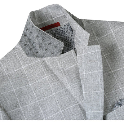 Mens Two Button Slim Fit Sport Coat Blazer in Light Grey Ash Windowpane Plaid