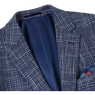 Mens Slim Fit Two Button Wool & Linen Sport Coat Blazer in Blue Windowpane Plaid