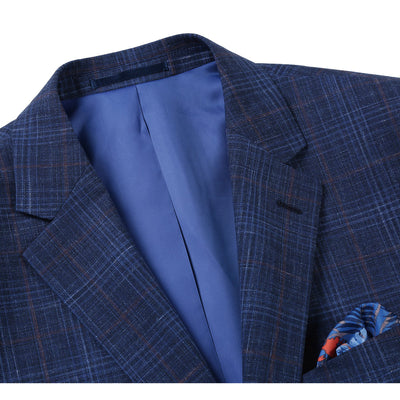 Mens Classic Fit Two Button Wool & Linen Sport Coat Blazer in Blue Windowpane Plaid