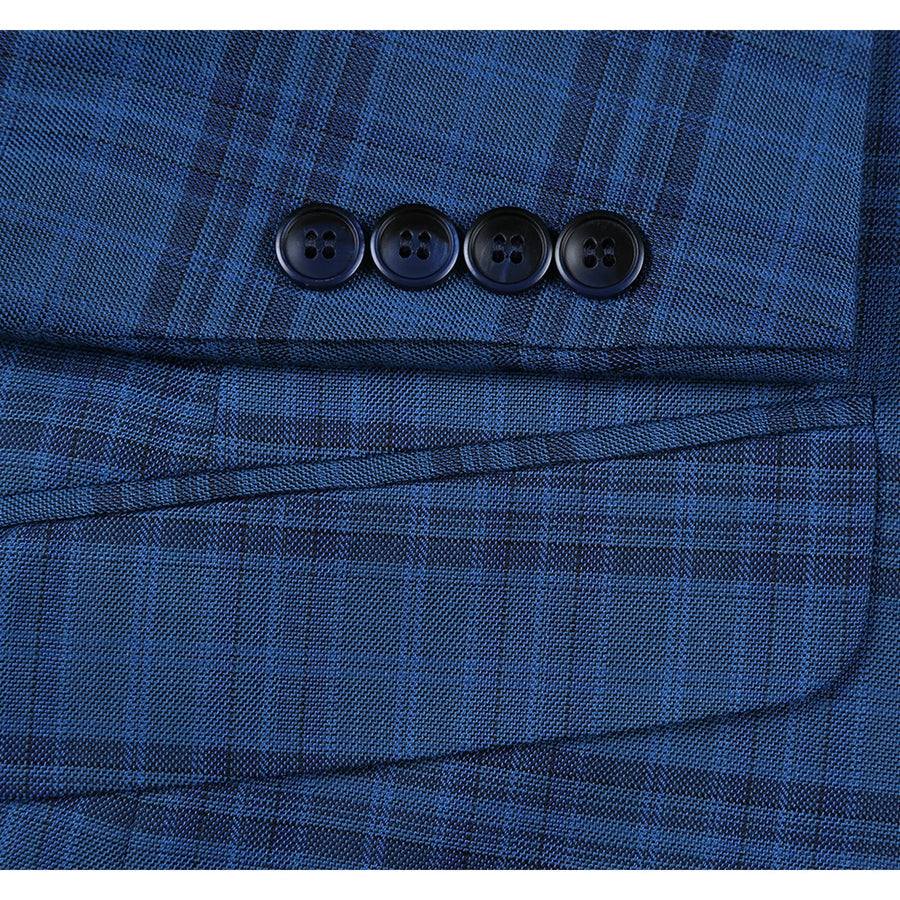 Mens Two Button Slim Fit Sport Coat Blazer in Medium Indigo Blue Windowpane Plaid