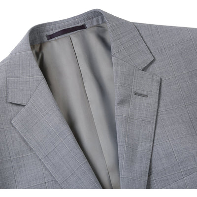 Mens Slim Fit Two Button Hack Pocket Suit in Light Grey Windowpane Plaid