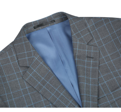 Mens Two Button Classic Fit Two Piece Suit in Grey & Blue Windowpane Plaid