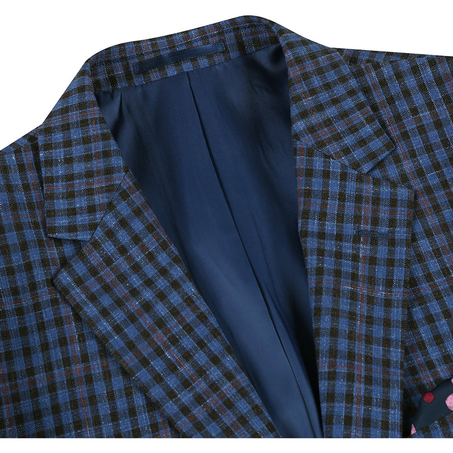 Mens Two Button Slim Fit Wool Sport Coat Blazer in Navy Blue & Burgundy Mini Check