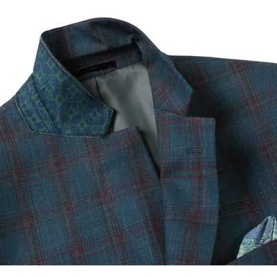 Mens Classic Fit Two Button Wool & Linen Sport Coat Blazer in Teal Blue Windowpane Plaid