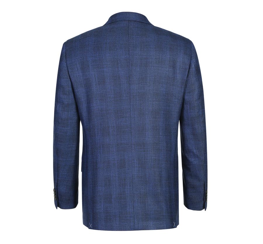 Mens Two Button Classic Fit Sport Coat Blazer in Navy Blue Windowpane Plaid