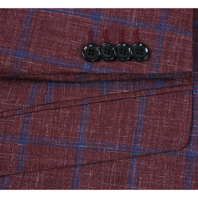 Mens Slim Fit Two Button Wool Sport Coat Blazer in Burgundy & Blue Windowpane Plaid