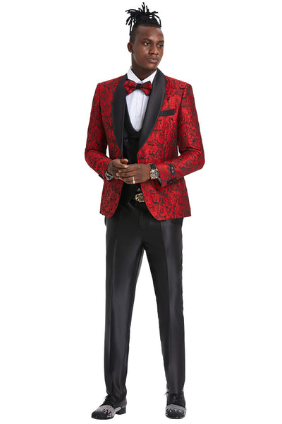 Men's One Button Slim Fit Shiny Paisley Floral Vested Prom Tuxedo in Red