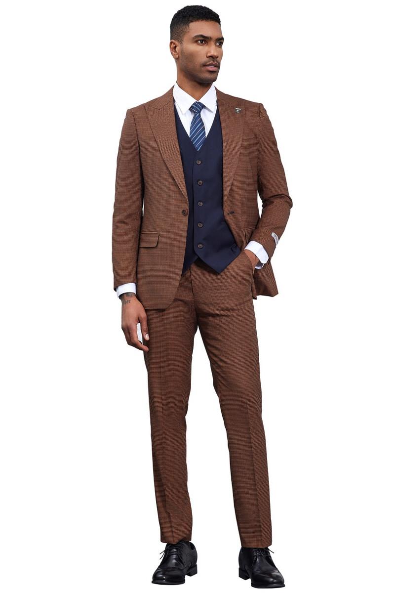 Men's Stacy Adams One Button Peak Lapel Vested Micro Check in Cognac Brown with a Navy Vest