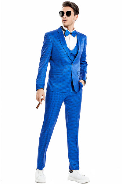 Men's One Button Vested Mini Polka Dot Prom Suit in Royal Blue & Black