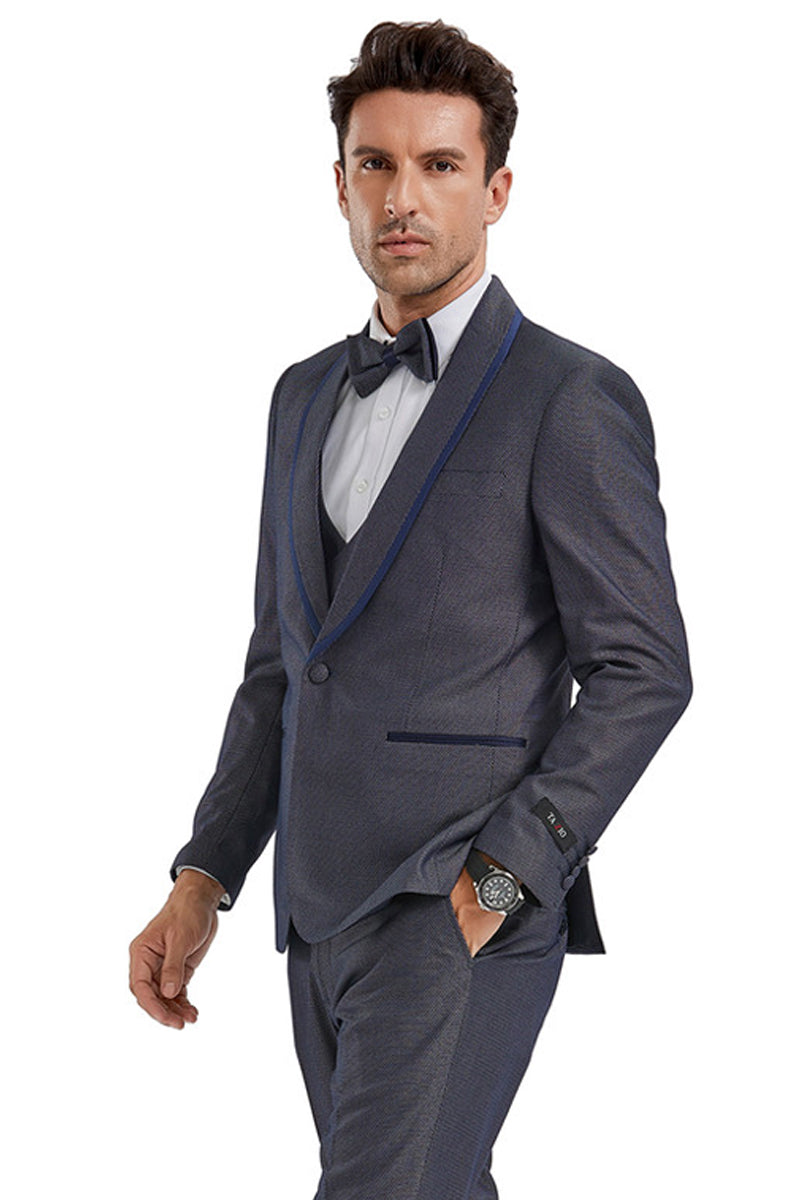 Men's One Button Vested Shawl Tuxedo in Grey Birdseye with Blue Trim