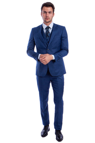 Men's Two Button Hybrid Fit Vested Sharkskin Wedding & Business Suit in Blue