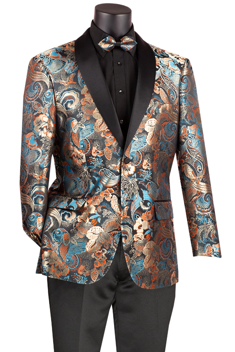 Men's Modern Fit Japanese Paisley Print Tuxedo Jacket in Teal Green