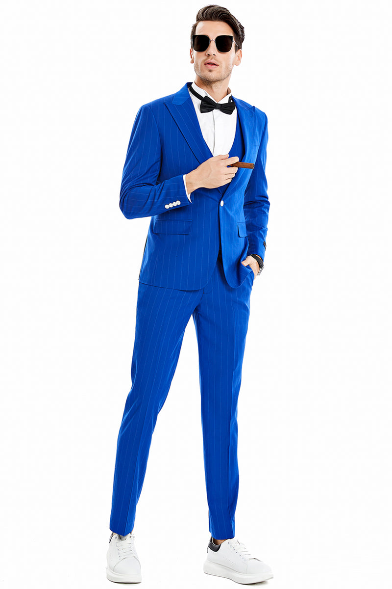 Men's One Button Vested Wide Peak Lapel Bold Gangster Pinstripe Suit in Royal Blue
