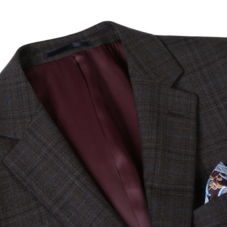 Mens Two Button Classic Fit Wool Sport Coat Blazer in Dark Brown Windowpane Plaid