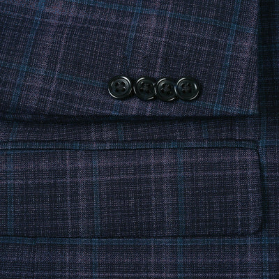 Mens Two Button Classic Fit Wool Stretch Sport Coat Blazer in Dark Navy Blue Windowpane Plaid