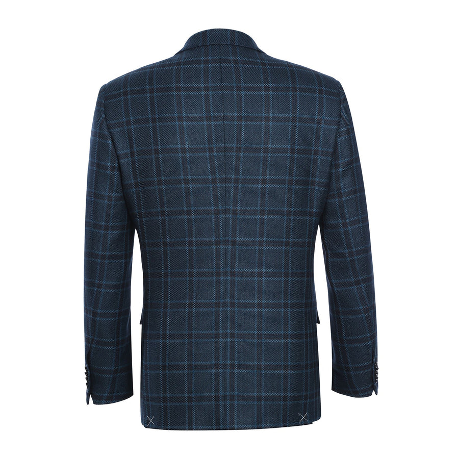 Mens Two Button Slim Fit Wool Sport Coat Blazer in Dark Navy Blue Windowpane Plaid