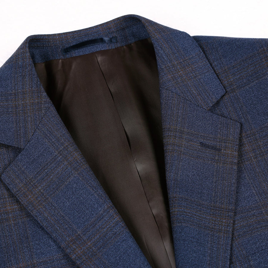 Mens Two Button Classic Fit Vested Wool Suit in Brown & Blue Windowpane Plaid