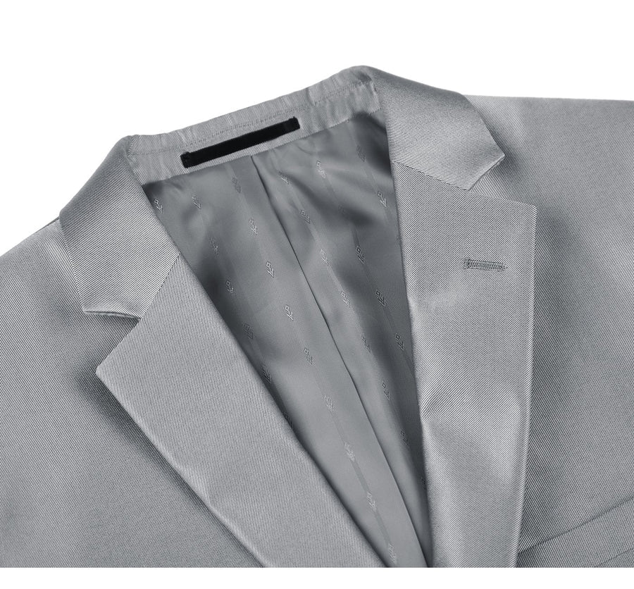 Mens Basic Two Button Classic Fit Suit with Optional Vest in Shiny Silver Grey Sharkskin
