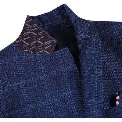 Mens Two Button Classic Fit Wool Sport Coat Blazer in Navy Blue Windowpane Plaid