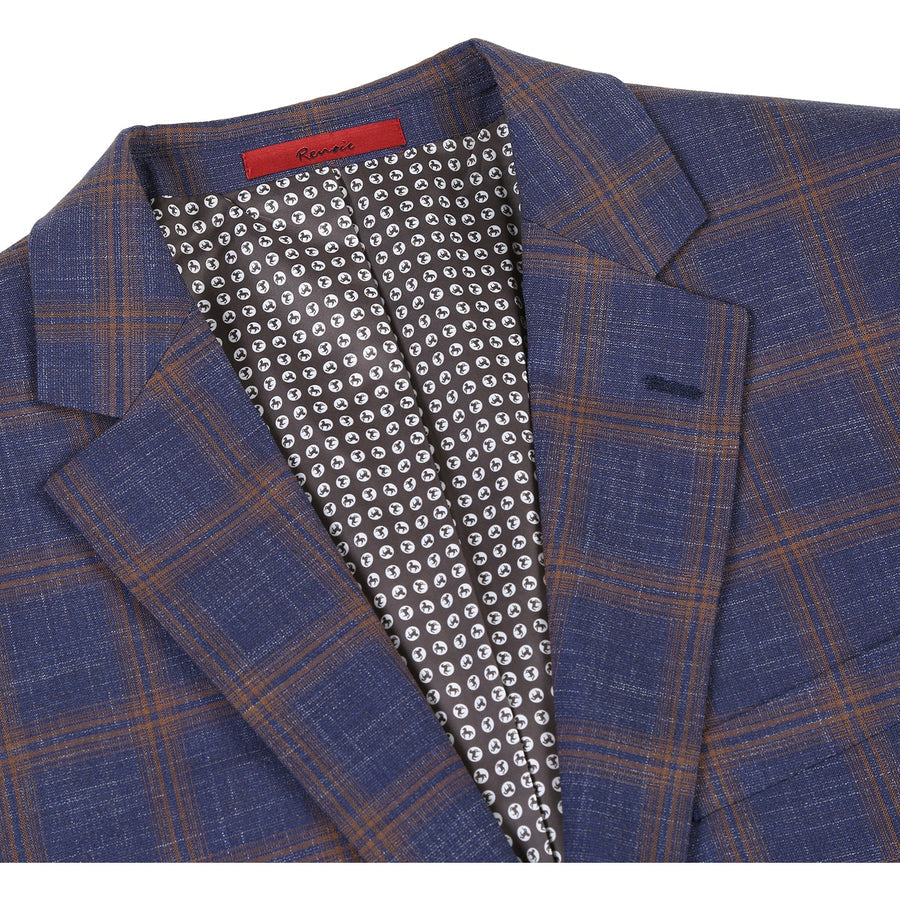 Mens Slim Fit Two Button Sport Coat Blazer in Navy Blue & Gold Windowpane Plaid