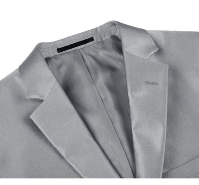 Mens Basic Two Button Slim Fit Suit with Optional Vest in Shiny Silver Grey Sharkskin